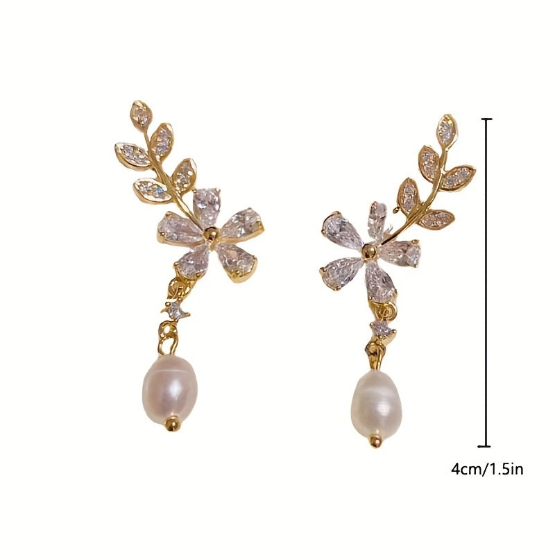 Zirconia flower and leaf pearl earrings✨✨✨