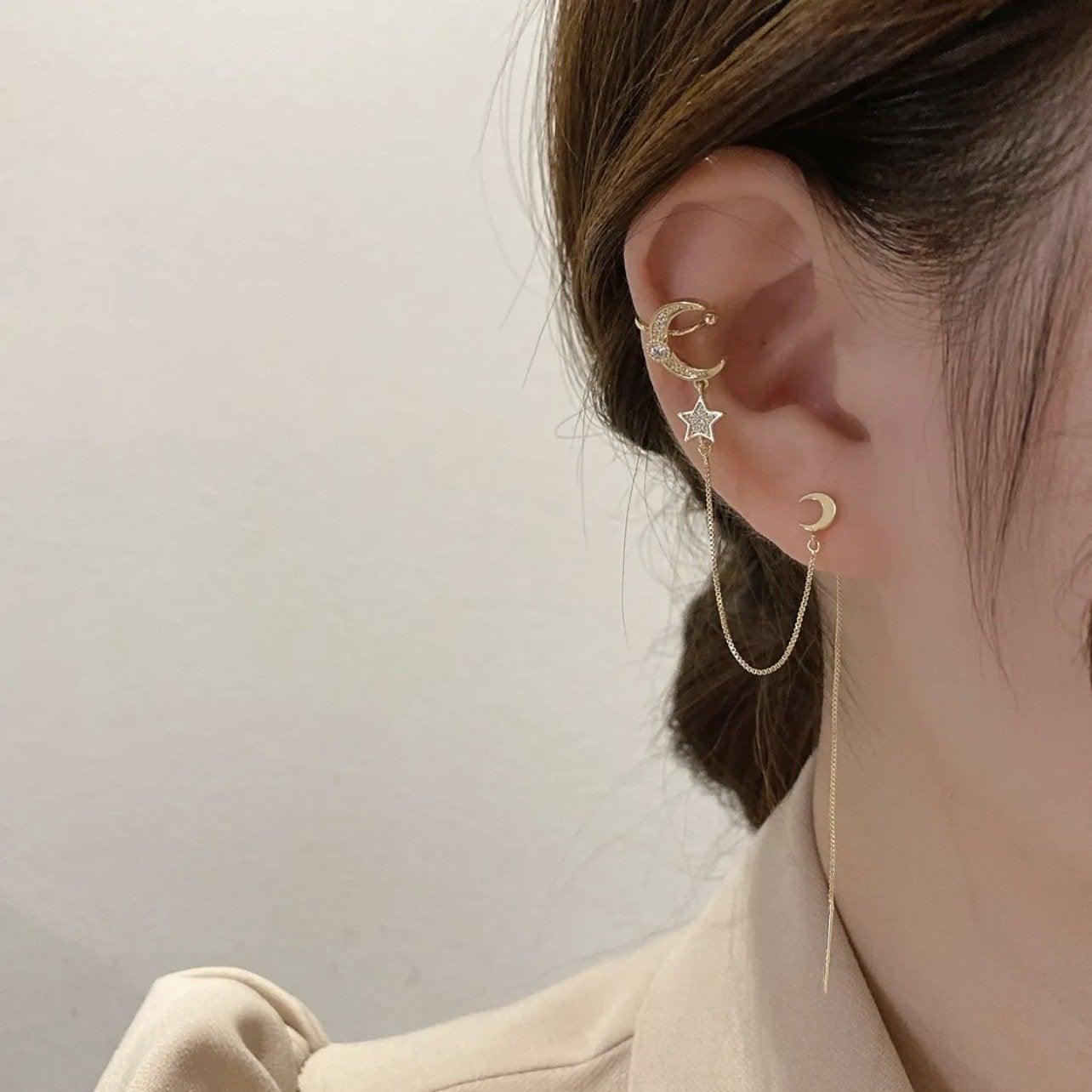 Needle Star and Moon Tassel Earrings