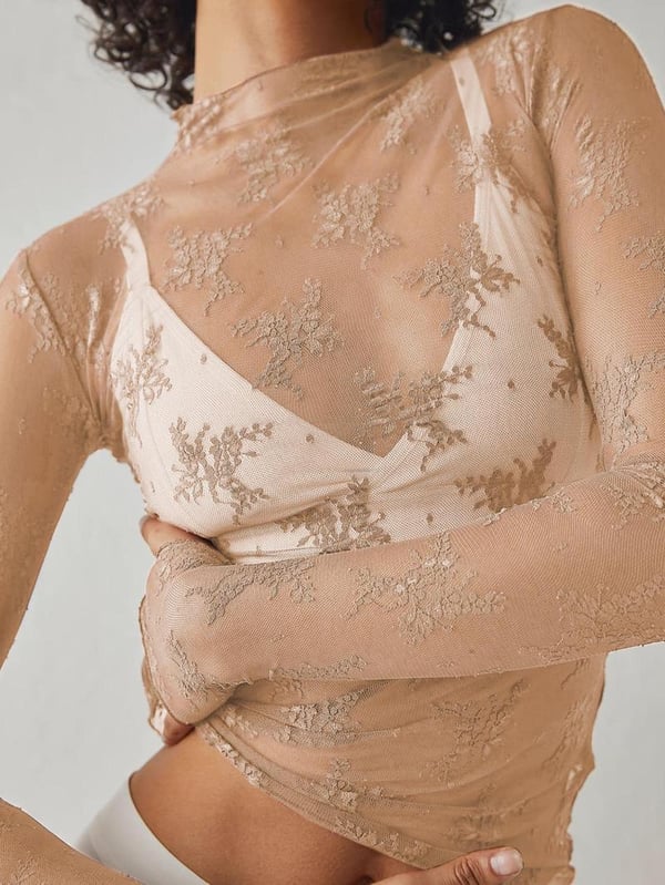 Women's Floral Lace Thumb Hole Sheer Tee