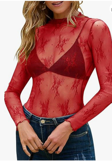 Women's Floral Lace Thumb Hole Sheer Tee