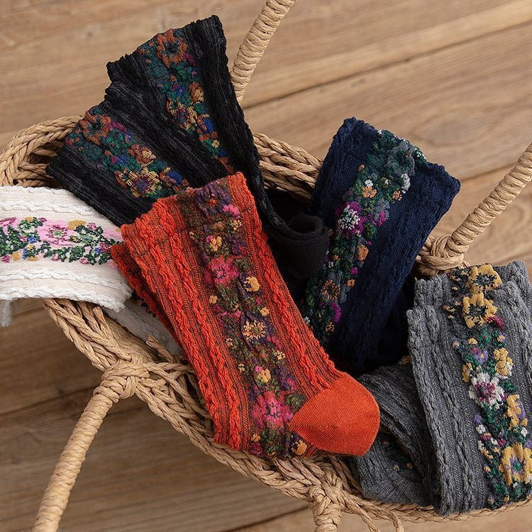 Vintage jacquard floral women's socks